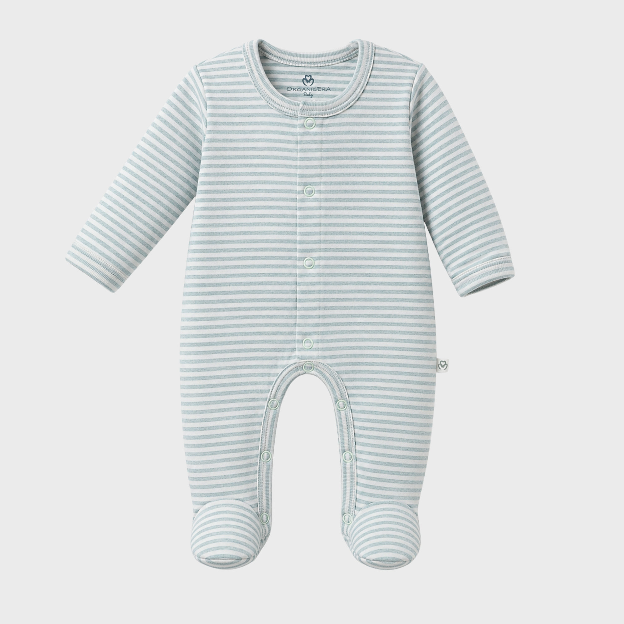 organicera_newborn_footed_sleepsuit_aqua_striped_result OrganicEra Organic Baby Footed Sleepsuit, Striped, Aqua Melange - Image 1